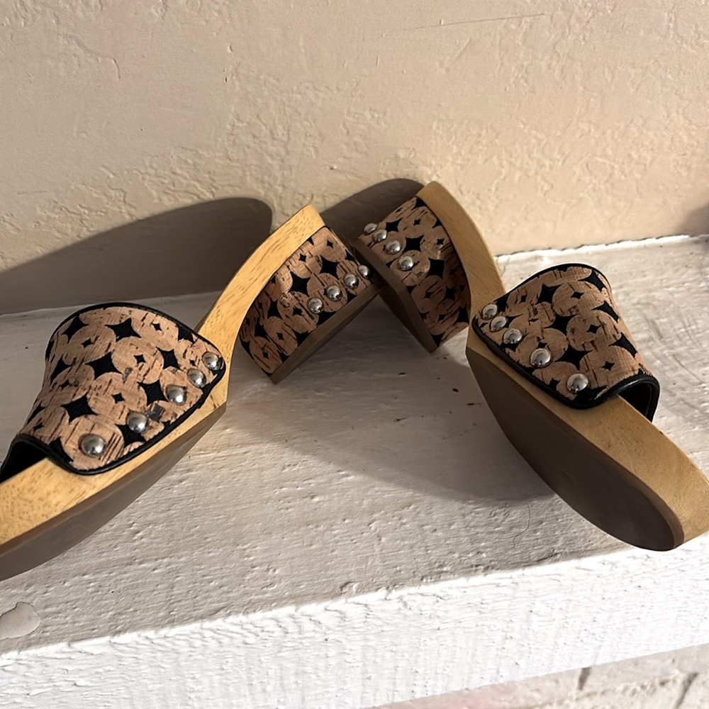 Sigerson Morrison Black and Tan Patterned Leather Clogs - Picture 4 of 5